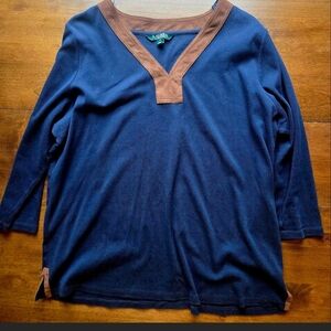 Lauren Ralph Lauren Navy Knit Top 2X Brown Suede Trim Quiet Luxury